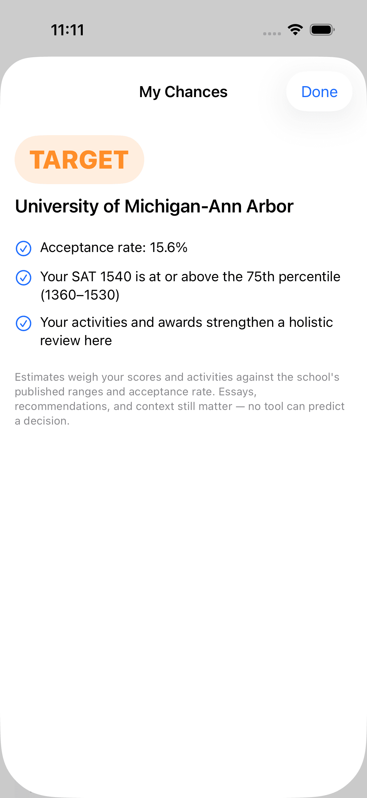 My Chances — University of Michigan shown as a target, based on test scores, acceptance rate, and activities