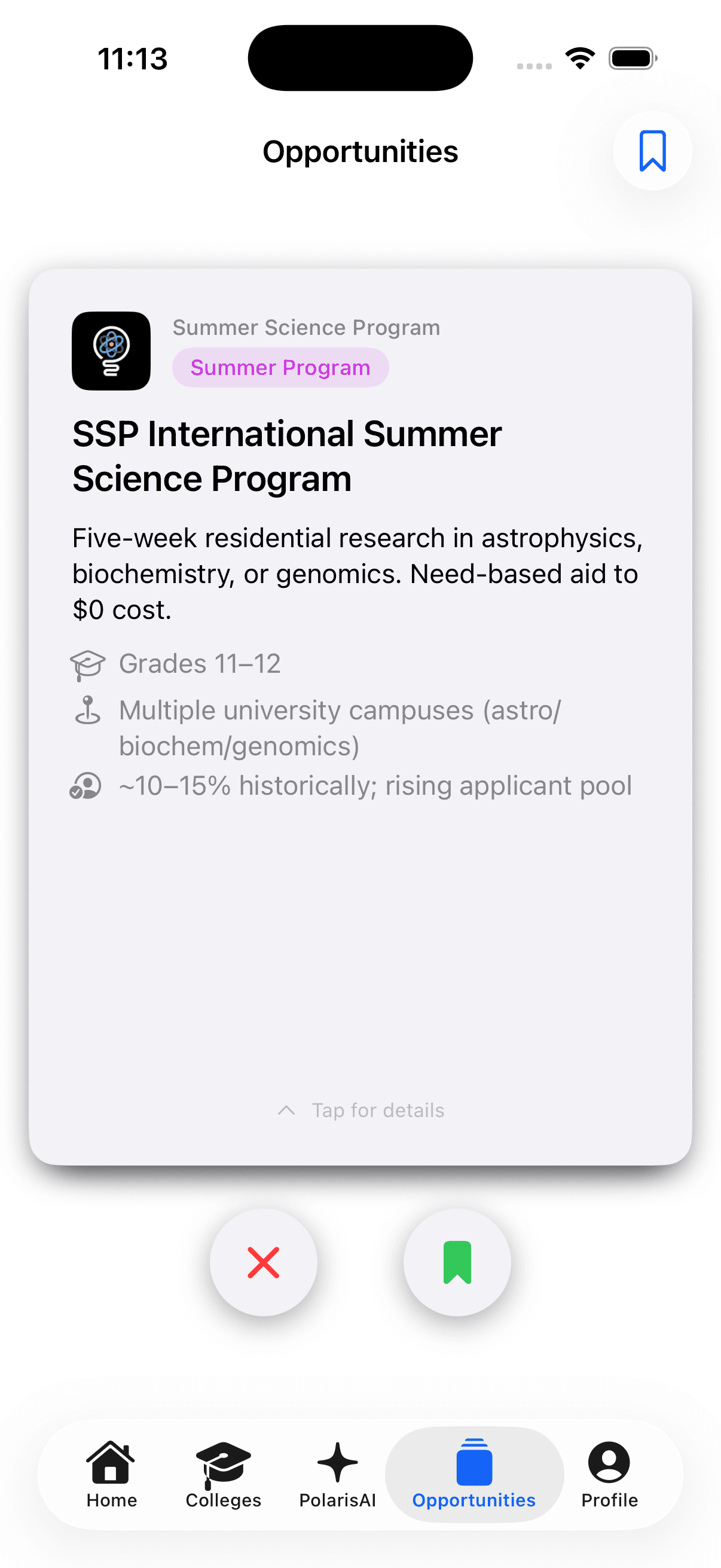 Opportunity cards — scholarships and summer programs matched to you