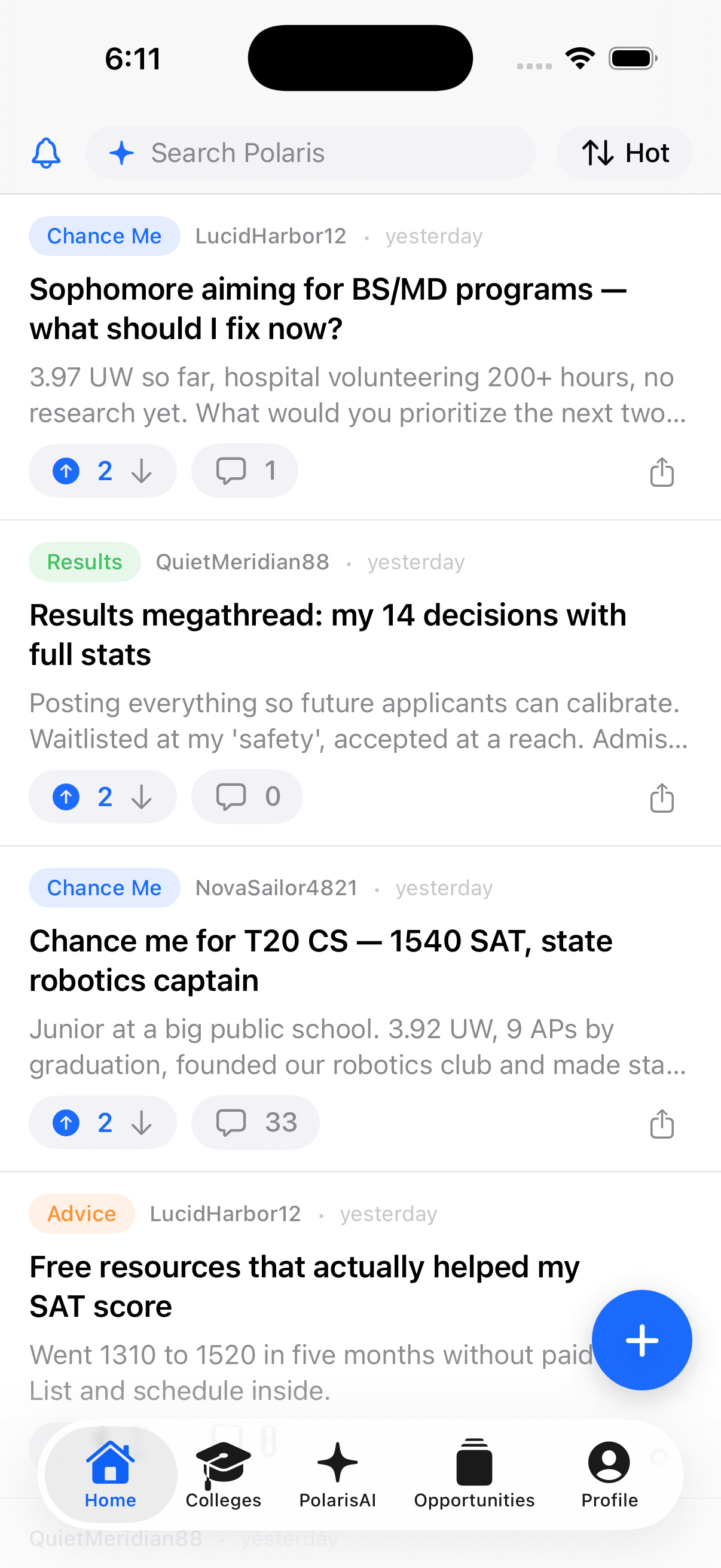 The Polaris home feed — Chance Me posts, results, and advice from the community
